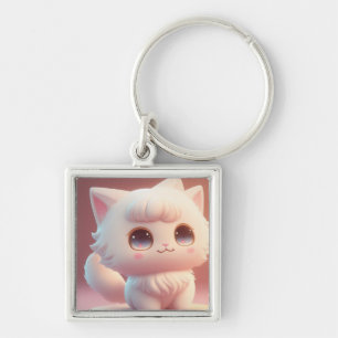 Llavero Gato Blanco Esponjoso de Ojos Grandes y Lindos