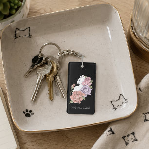 Llavero Gato Blanco Floral Pastel Botánico Romántico Negro