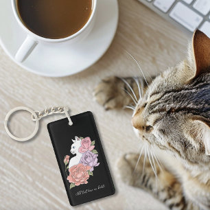 Llavero Gato Blanco Floral Pastel Botánico Romántico Negro