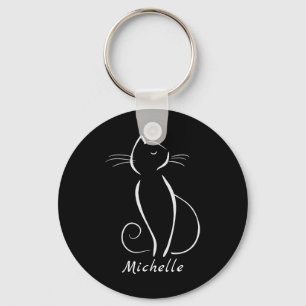 Llavero Gato blanco minimalista en negro Añadir nombre