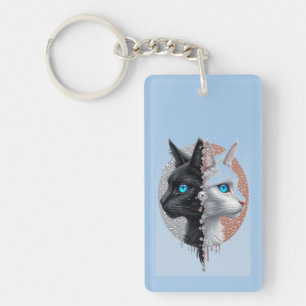 Llavero Gato blanco y negro retrato dividido con ojos azul