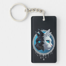 Llavero Gato blanco y negro retrato dividido con ojos azul