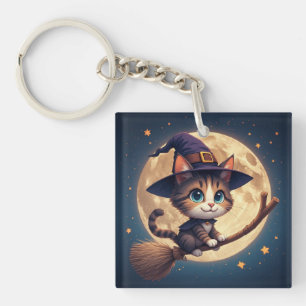 Llavero Gato Bruja Lindo Bajo Estrellas Y Luna Llena 🎃