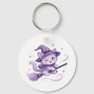 Llavero Gato bruja morado lindo en escoba Halloween