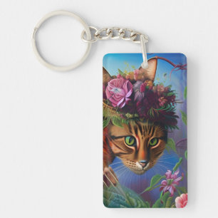 Llavero gato con arte gorra de flores