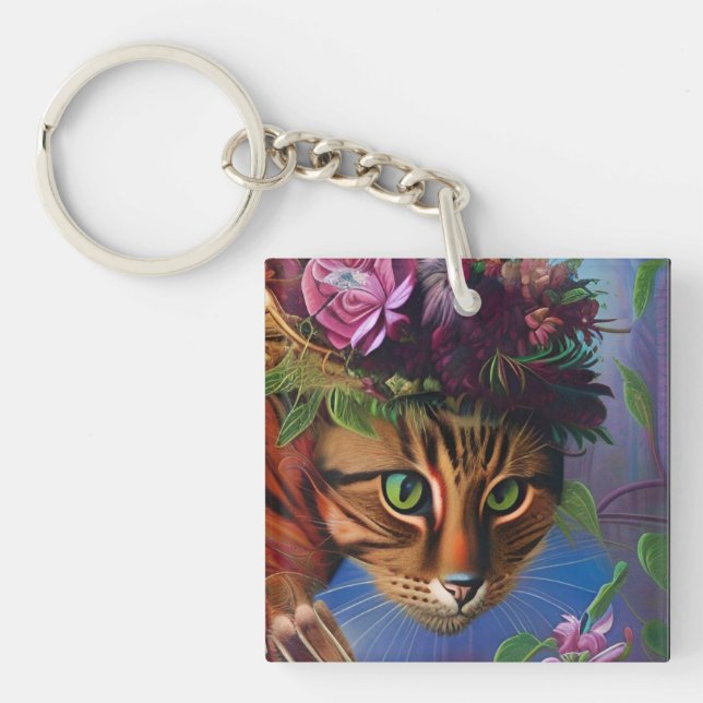 Llavero gato con arte gorra de flores (Frente)
