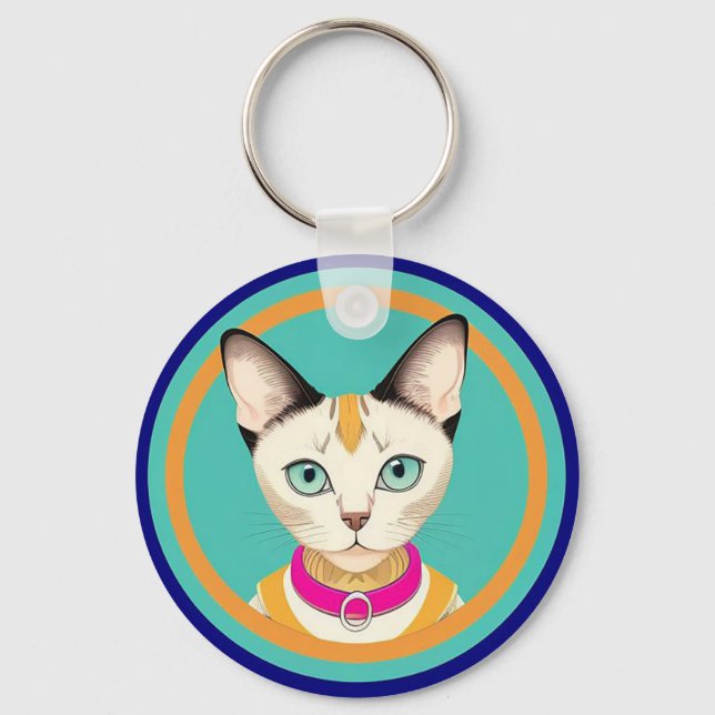 Llavero Gato con ojos llamativos junto a un espejo circula (Anverso)