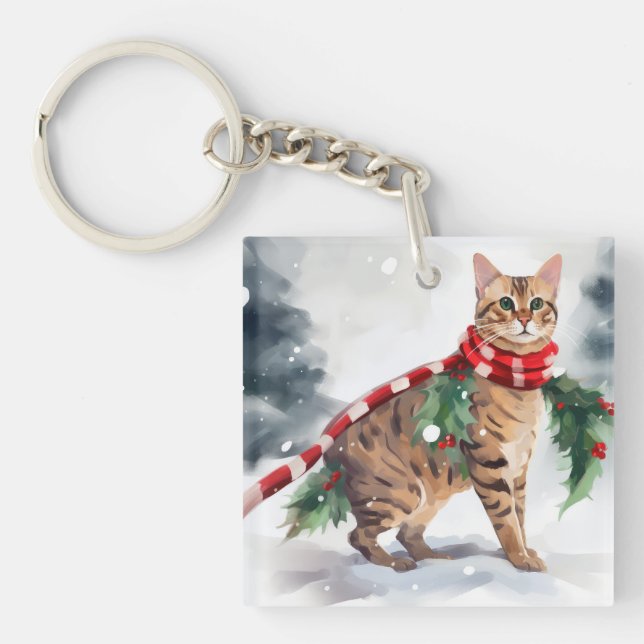 Llavero Gato de Bengala en Navidades de nieve (Frente)