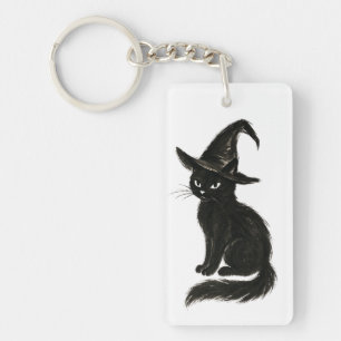 Llavero Gato de Bruja – Ilustración de Halloween en Tinta