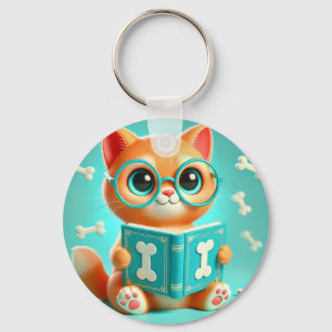 Llavero Gato de Dibujos Animados Adorable Leyendo un Libro