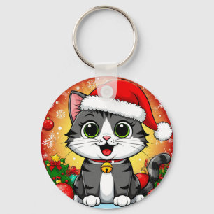 Llavero Gato de dibujos animados con sombrero de Santa con