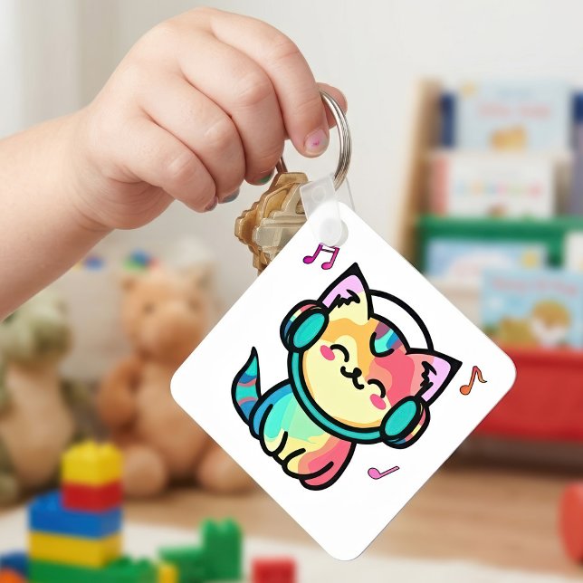 Llavero Gato de dibujos animados kawaii sonriente con auri (Happy Smiling Kawaii Cartoon Cat with Headphones. Keychain)