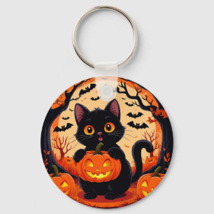 Llavero Gato de dibujos animados y calabazas bajo luna lle