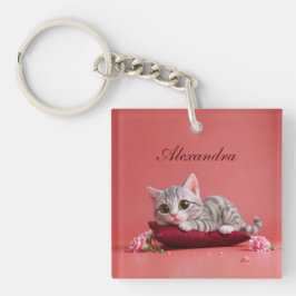 Llavero Gato de enero lindo con claveles