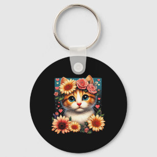 Llavero Gato De Flor Retro Amor Arte Gatito Con Anim De Fl