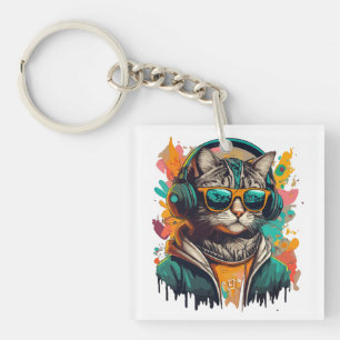 Llavero Gato de Guay Groovy con audífonos escuchando músic