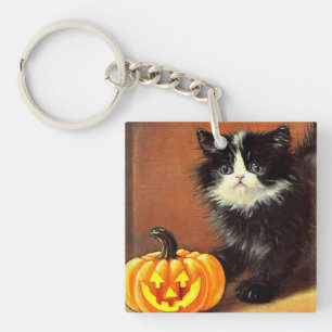 Llavero Gato de Halloween Vintage en Blanco y Negro