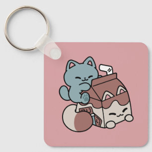 Llavero Gato de Leche Chocolate Kawaii – Bebida Acogedora