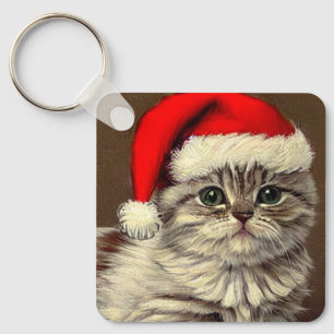 Llavero Gato de Navidad Antiguo con Sombrero de Santa