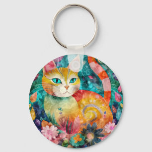 Llavero Gato de Ojo Verde Rodeado por una Matriz de Flores