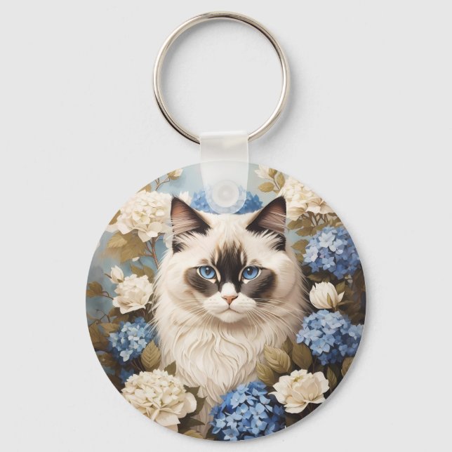 Llavero Gato De Ragdoll Con Flores De Hidrangea Azul (Anverso)