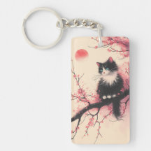 Gato de Tuxedo en estética japonesa florece cerezo