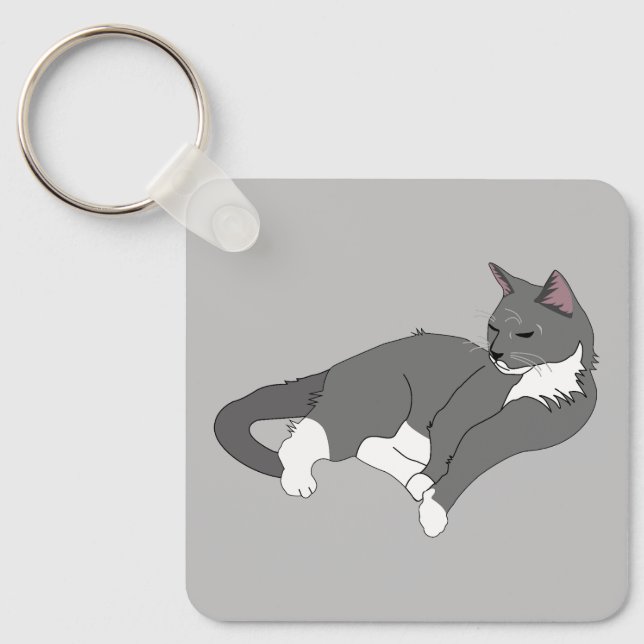 Llavero Gato de Tuxedo Gris y Blanco (Anverso)