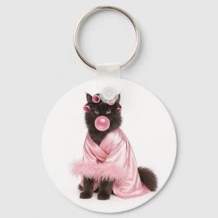 Llavero Gato en bata rosa con rulos y chicle  