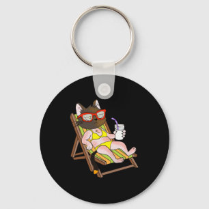 Llavero Gato En Bikini En Silla De Playa Bebiendo