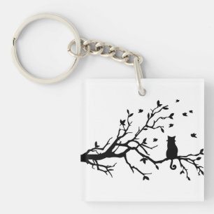 Llavero Gato en un árbol - silueta