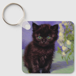 Llavero Gato estilo Van Gogh con flores blancas