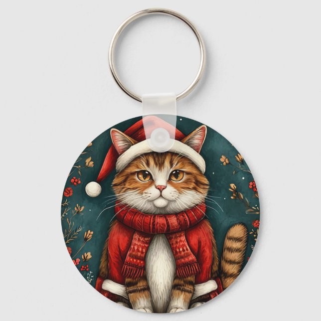 Llavero Gato festivo con sombrero Santa y bufanda (Anverso)