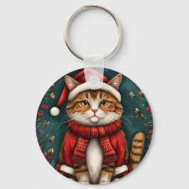 Llavero Gato festivo que lleva sombrero y bufanda de Santa