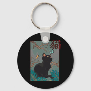 Llavero Gato Flor de Cerezo Bloque de Madera Vintage Japon