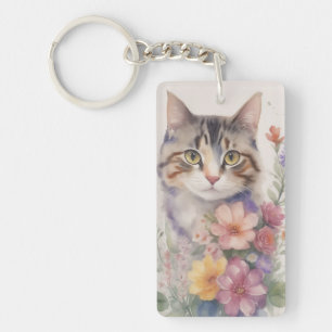 Llavero Gato floral cutáneo acuarela