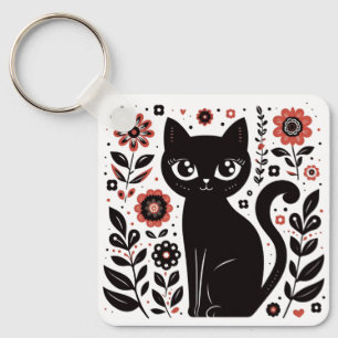 Llavero Gato Floral Negro con Ojos Grandes