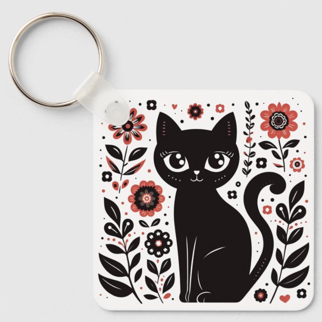 Llavero Gato floral negro con ojos grandes (Anverso)