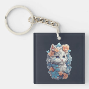 Llavero Gato gatito floral blanco lindo
