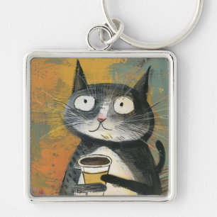 Llavero Gato gris con café sobre ocre