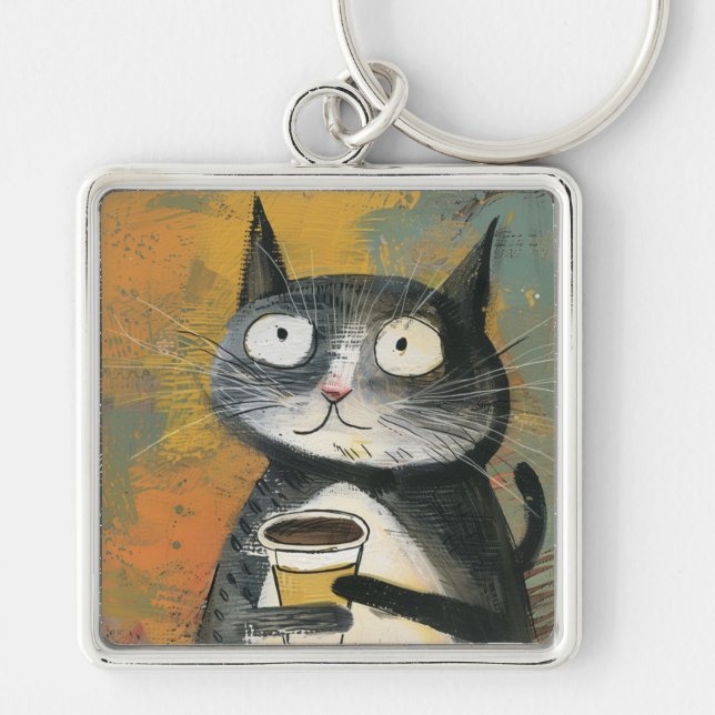 Llavero Gato gris con café sobre ocre (Frente)