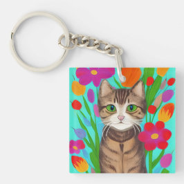 Llavero Gato gris puro personalizado con flores de colores
