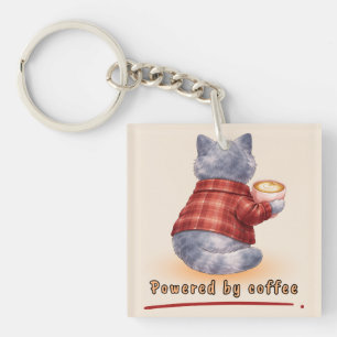 Llavero Gato "Impulsado por Café" Sosteniendo una Taza de 