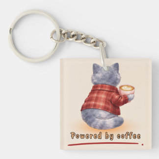 Llavero Gato "Impulsado por Café" Sosteniendo una Taza de 