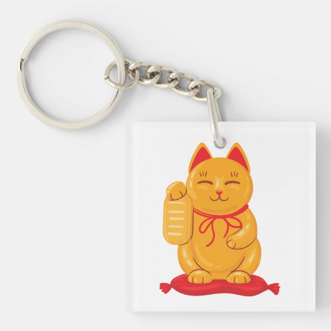 Llavero Gato japonés maneki neko de oro, símbolo de riquez (Frente)