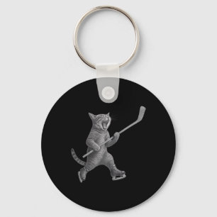 Llavero Gato jugando palo de hockey sobre hielo divertido