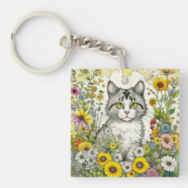 Llavero Gato Kitty personalizado sentado en flores