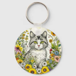 Llavero Gato Kitty personalizado sentado en flores