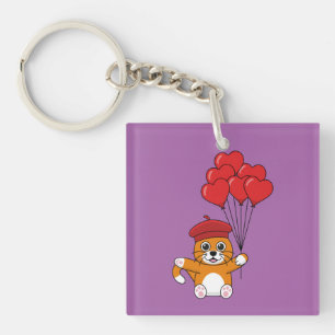 Llavero Gato lindo con globos de corazón rojo
