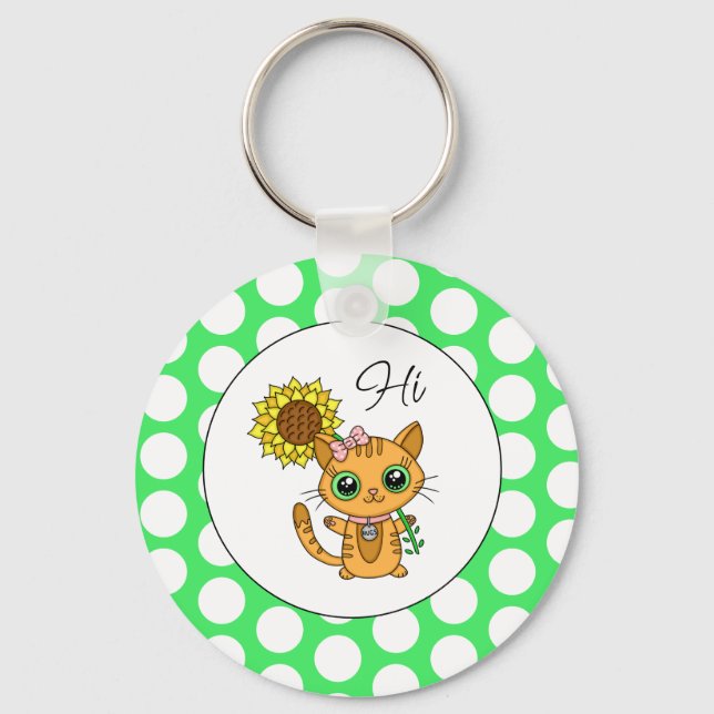 Llavero Gato lindo con puntos de girasol y polka (Anverso)