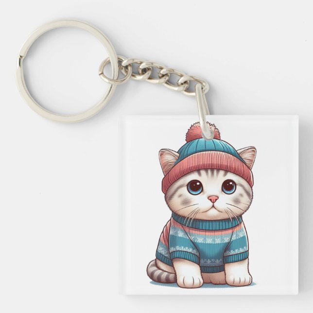 Llavero Gato lindo en un suéter y beanie (Frente)